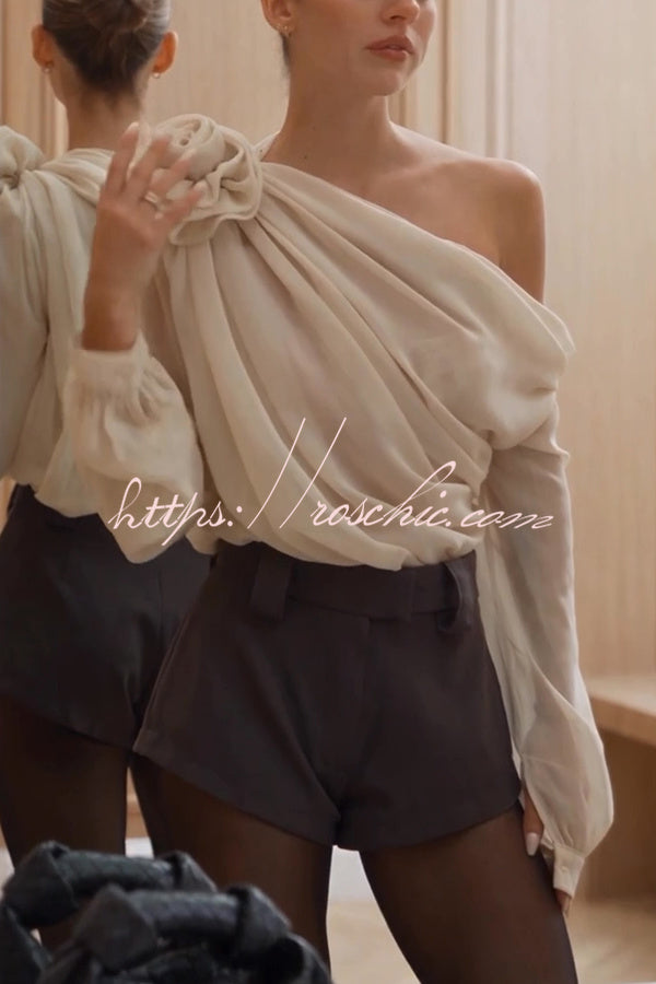 Nayla Chiffon 3D Floral One Shoulder Long Balloon Sleeve Drape Blouse