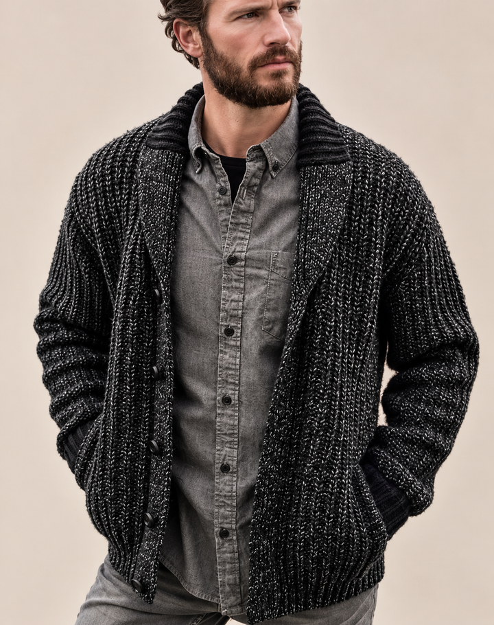 Men's Robust Knitted Cardigan with Shawl Collar and Buttons
