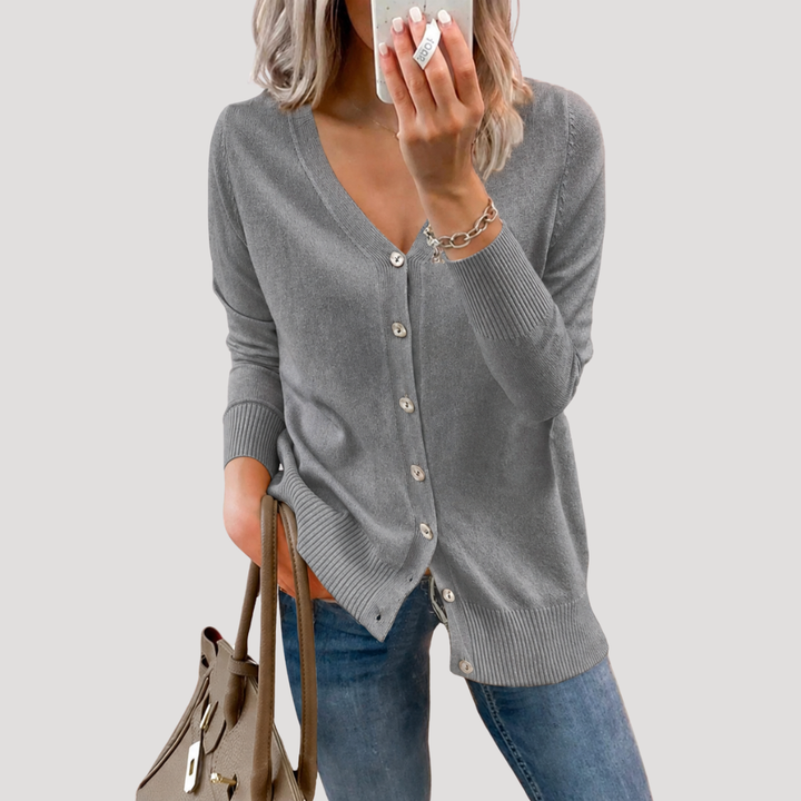 Women's V-Neck Knit Cardigan with Ribbed Cuffs