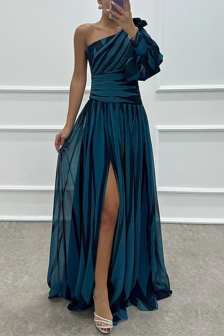 Women's Striped One-Shoulder Maxi Dress with Slit