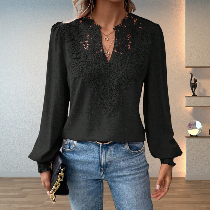 Lillian | Ladies V-Neck Long Sleeve Floral Detail Blouse Top