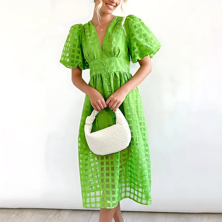 Caelis Midi Dress with Puff Sleeves in Classic Pattern, view 8 - Elena Harper