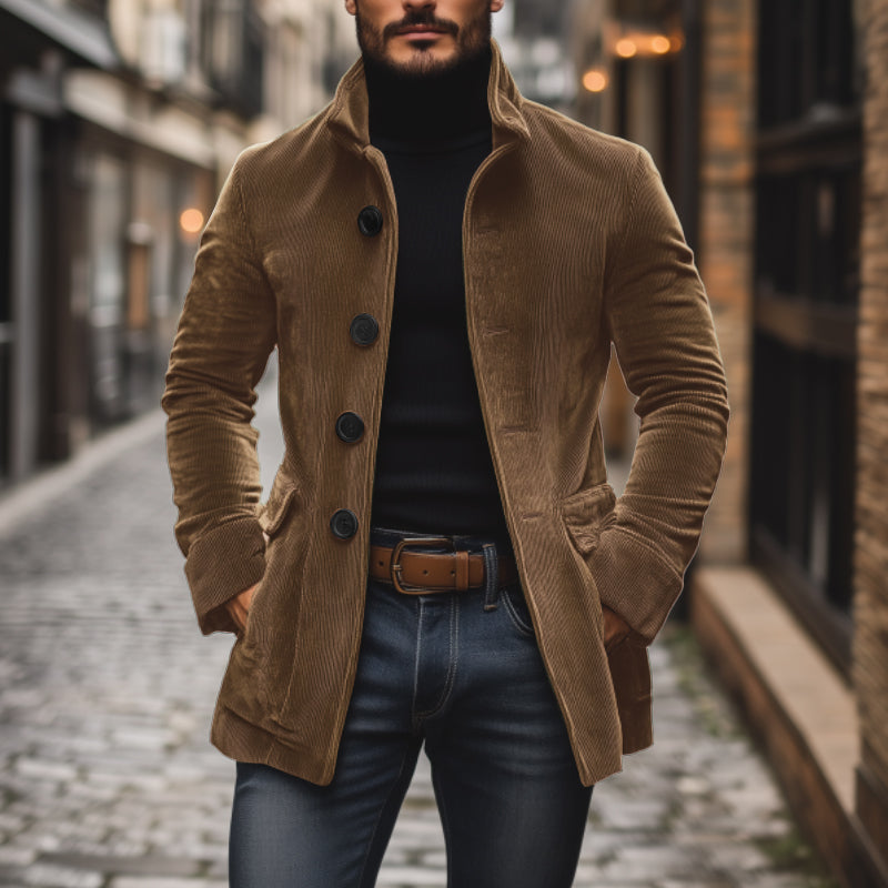 Tailored Short Corduroy Coat with High Collar for Men