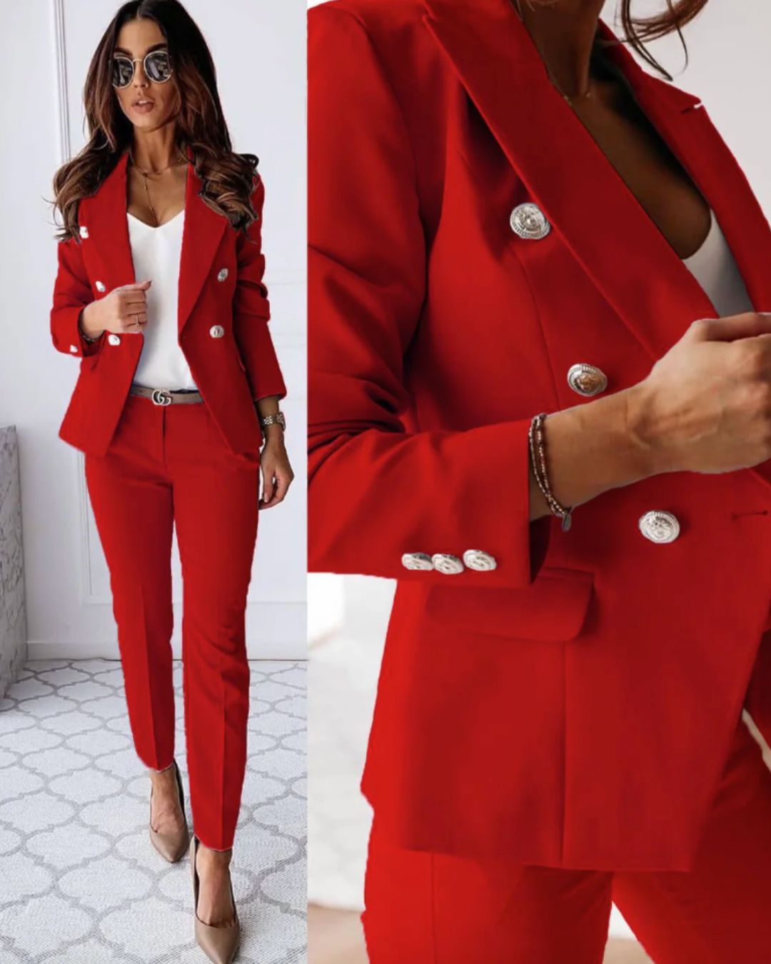 Women's Double-Breasted Suit Tailored Blazer & Elegant Trousers, view 3 - Elena Harper