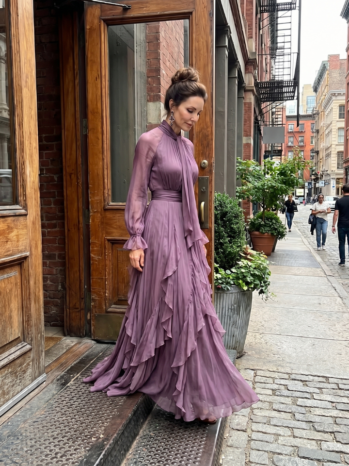Demetria Tie Neck Ruffle Tiered Maxi Dress - Elena Harper