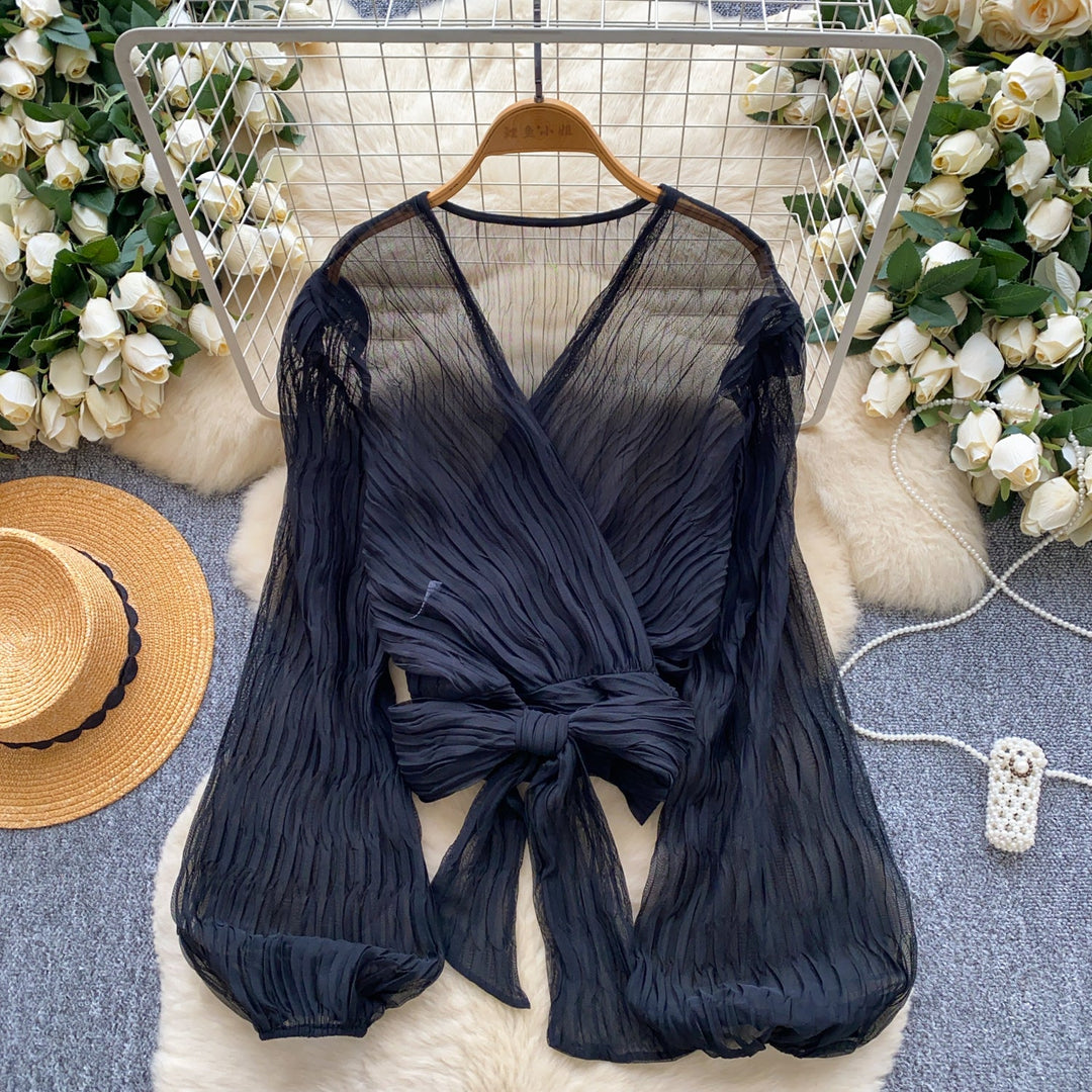 Bylle - V-neck Blouse with Bow and Ruffles