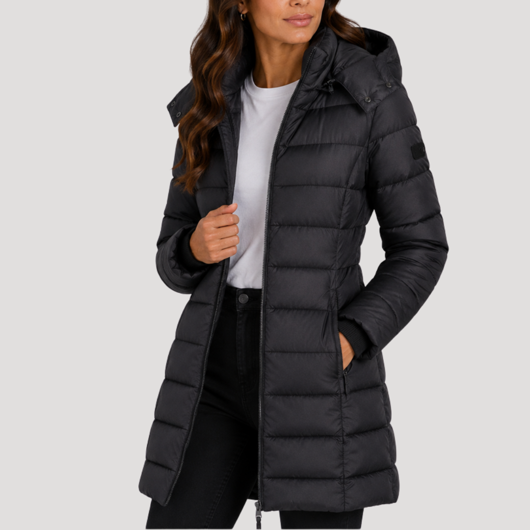 Long Women's Puffer Jacket with Hood and Zipper Closure