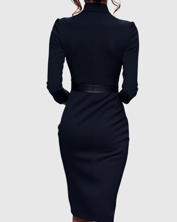Women's Elegant Mock Wrap Midi Dress with Flattering Belt