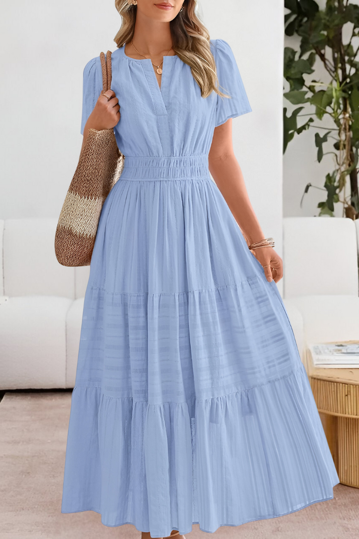 Women's Bohemian Smocked Midi Dress - Short Sleeve Comfort