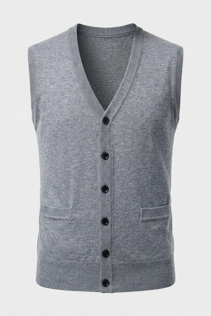 Men's Knitted Vest with V-Neck and Button Placket