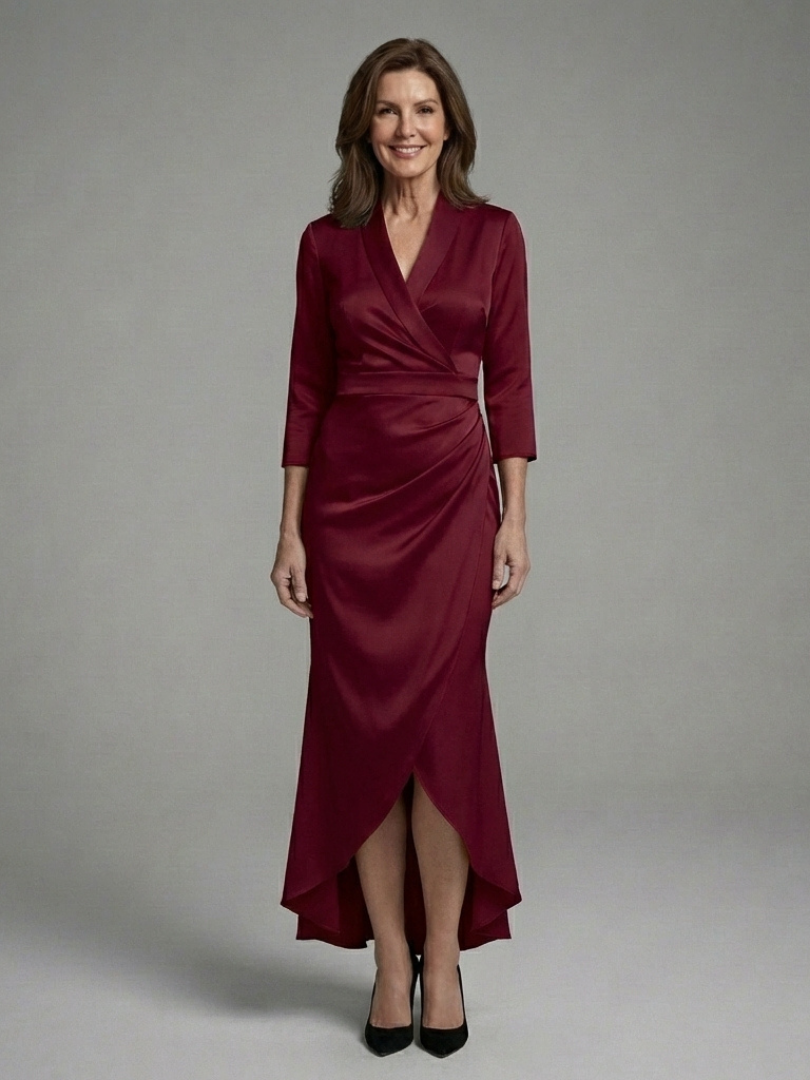 Women's Long Sleeve Wrap Midi Dress Elegant High Low Design, view 7 - Elena Harper