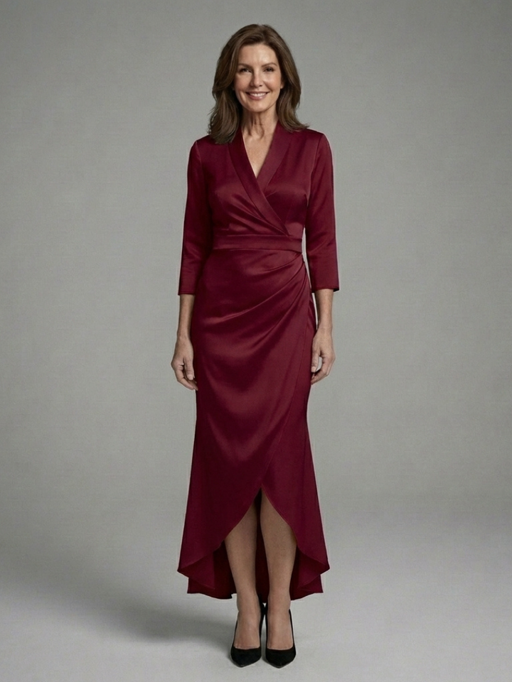 Women's Long Sleeve Wrap Midi Dress Elegant High Low Design, view 7 - Elena Harper