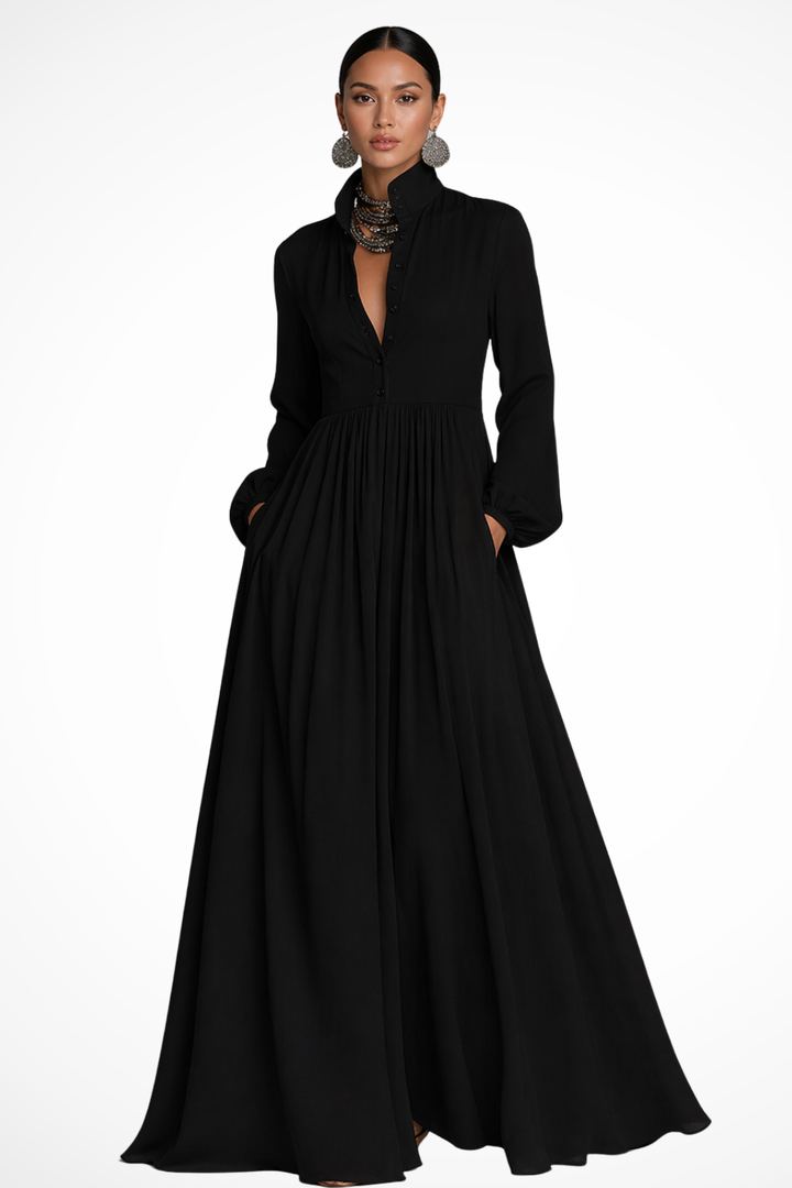 Ladies Maxi Dress Long Sleeve with Buttons and Pockets, view 8 - Elena Harper