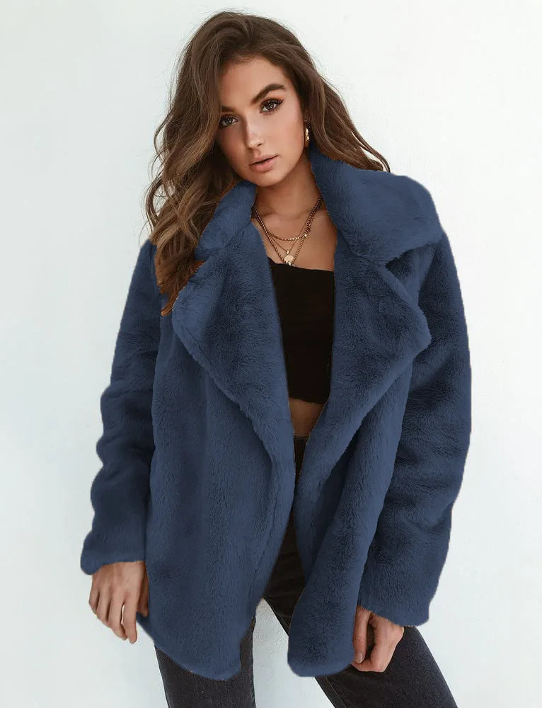 Women's Faux Fur Teddy Jacket with Wide Lapel Collar, view 9 - Elena Harper