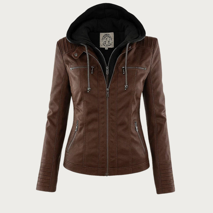 Women's Hooded Faux Leather Jacket with Zip Closure