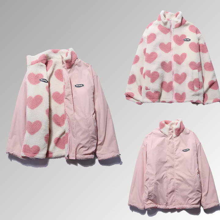 Women's Double-Faced Plush Winter Coat – Heart Patterns, Warm