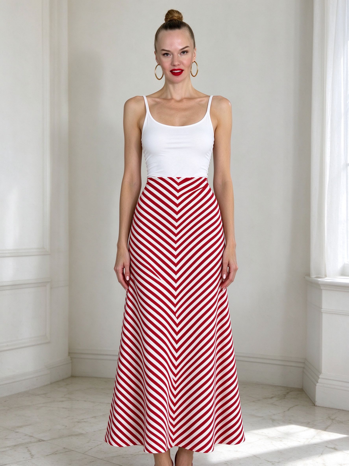 Red Chevron Three-Piece Skirt Set