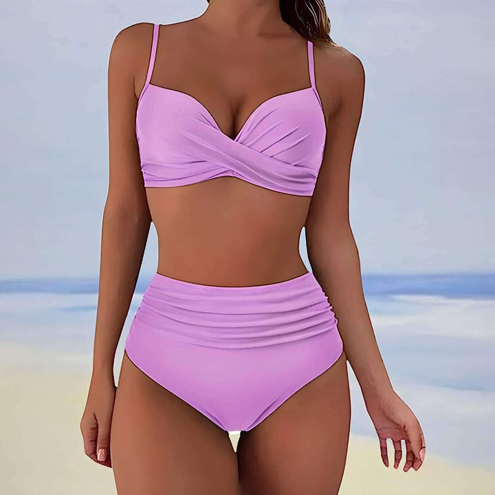 Twist-Front Bikini Set with High-Waisted Bottoms, view 5 - Elena Harper