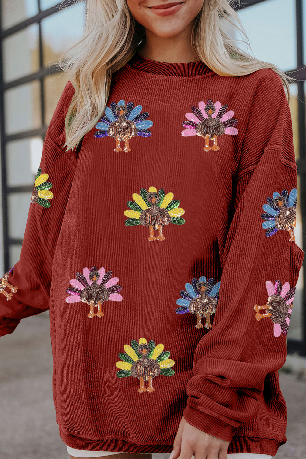 Racing Red Turkey Graphic Sequins Patch Corded Baggy Sweatshirt