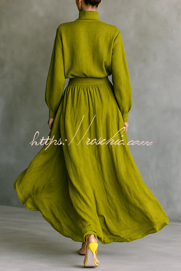 Linen Blend Solid Color Loose Long-sleeved Top and High-waisted Casual Pocket Maxi Skirt Set