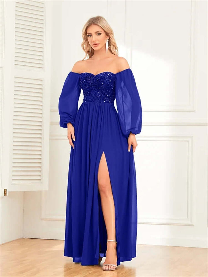 Women's Off-Shoulder Sequin Evening Gown with High Slit, view 6 - Elena Harper