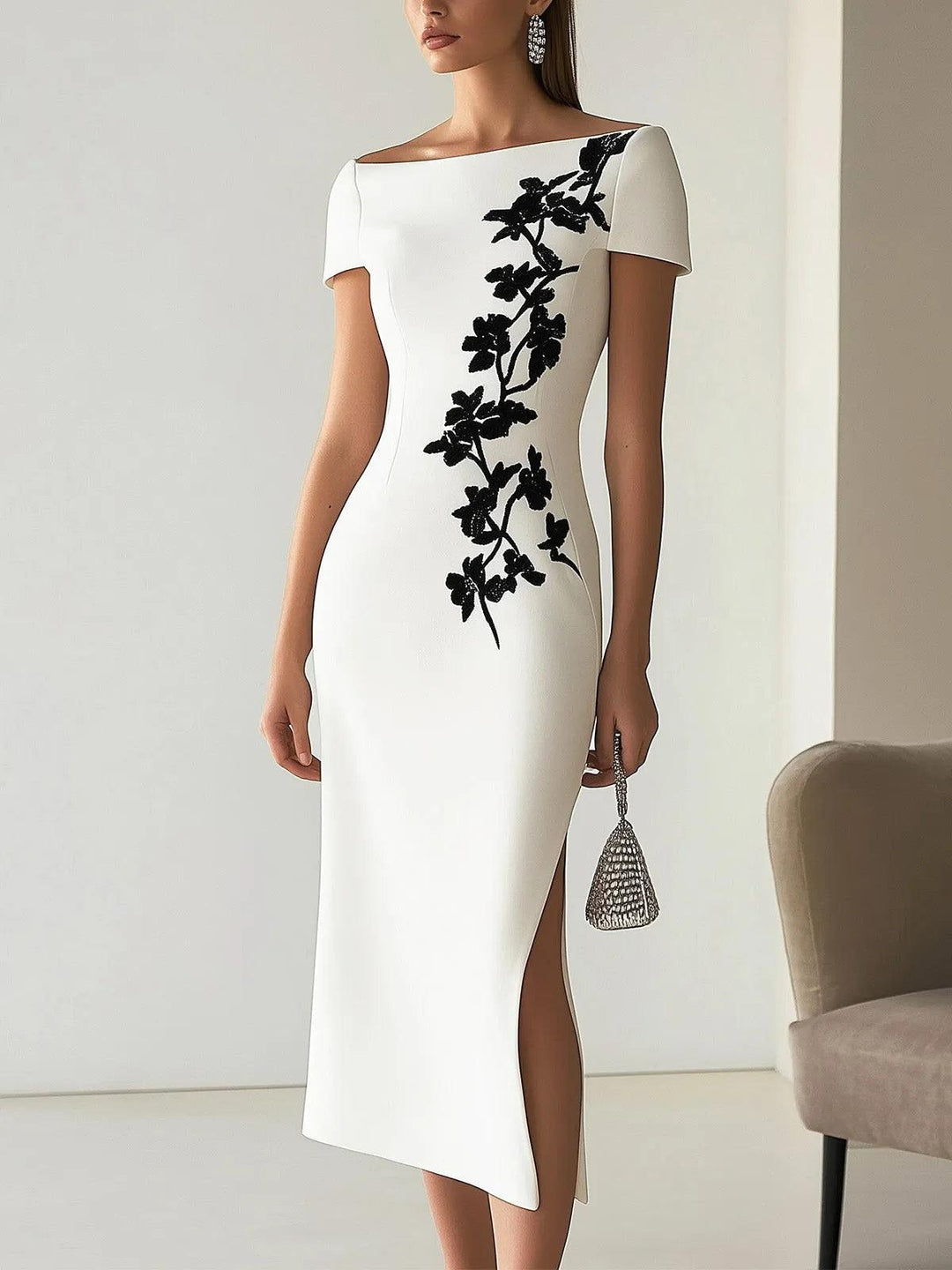 Audrey Chic Floral Print Boat Neck Midi Dress Outfit - Elena Harper