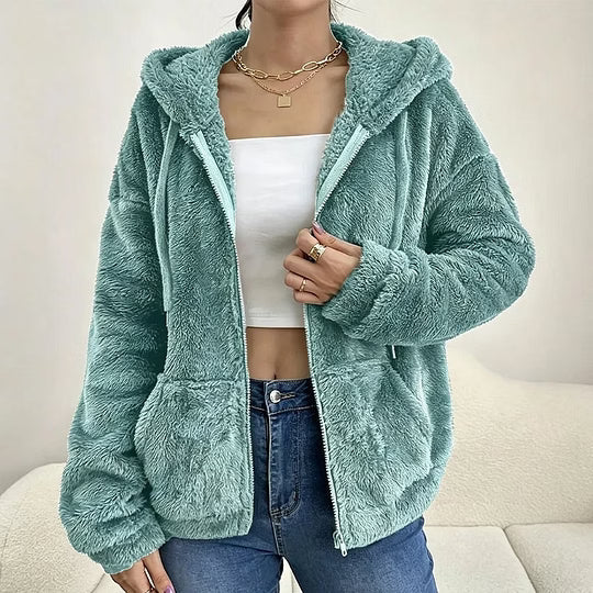 Women's Fleece Jacket with Hood and Zip Closure