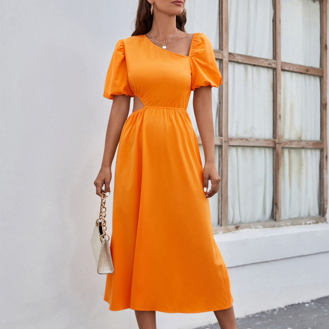 Women's midi dress with asymmetrical neckline in elegant style - Mariela