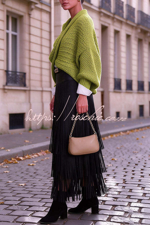 Evie Faux Leather High Rise Three-layer Tassels Stretch Maxi Skirt