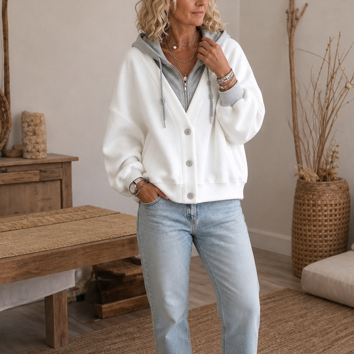 Amelia Comfortable V-Neck Hoodie in Layered Look, view 2 - Elena Harper