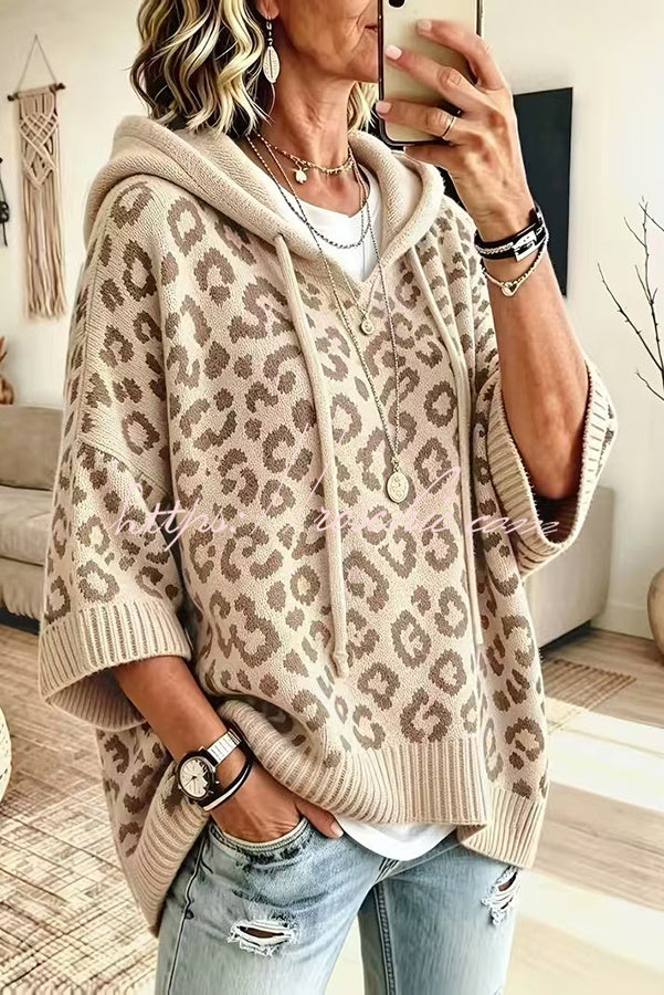 Comfortable and Casual Knit Leopard Print Half Sleeve Hoodie Sweater