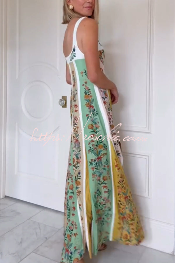 Sweet Garden Linen Blend Color Block Floral Paneled Maxi Dress