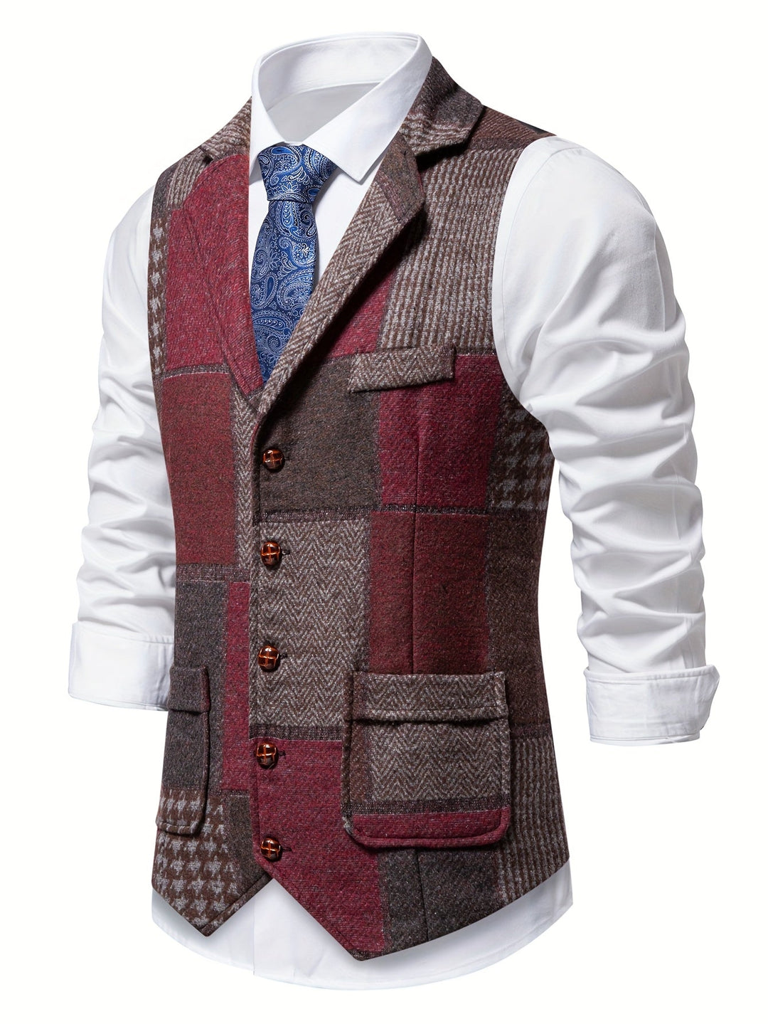 Leo Patchwork Tweed Waistcoat with Herringbone Pattern - Elena Harper
