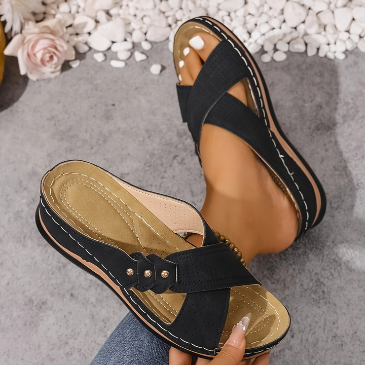 Vanesa Emma & Rose Cape Town comfortable wedge sandals with open toes and ankle straps, beige color, on a neutral background.