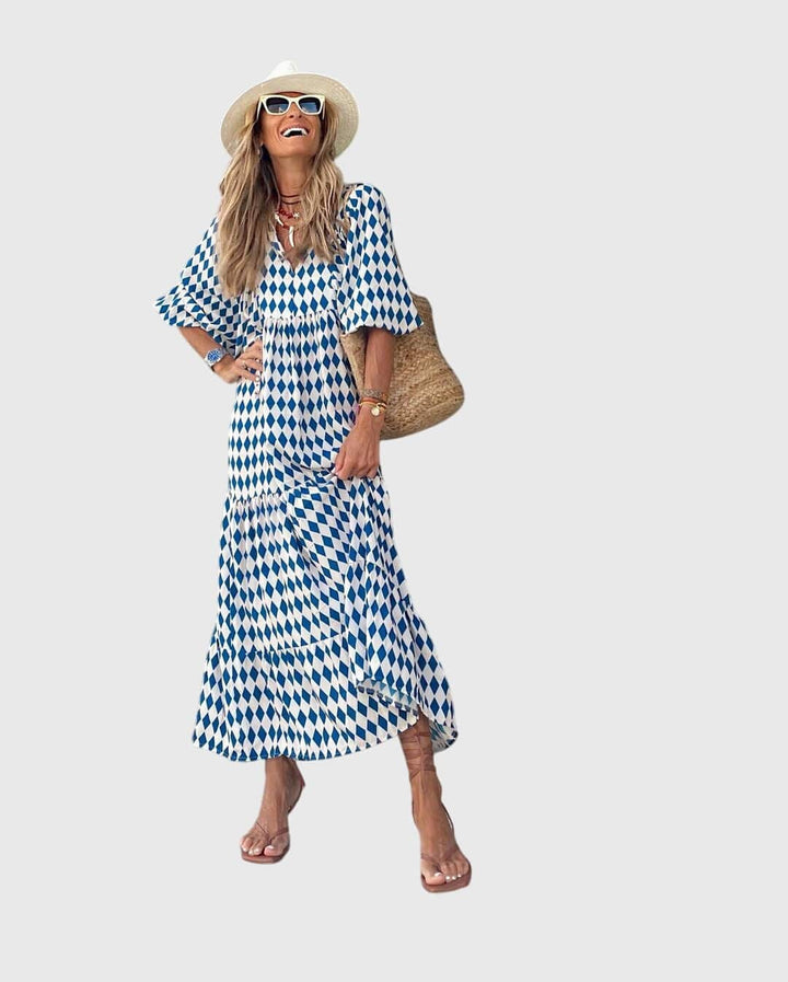 Sarah™ Boho maxi dress by Emma & Rose Cape Town featuring flowing fabric and bohemian style, shown in a full-length view.