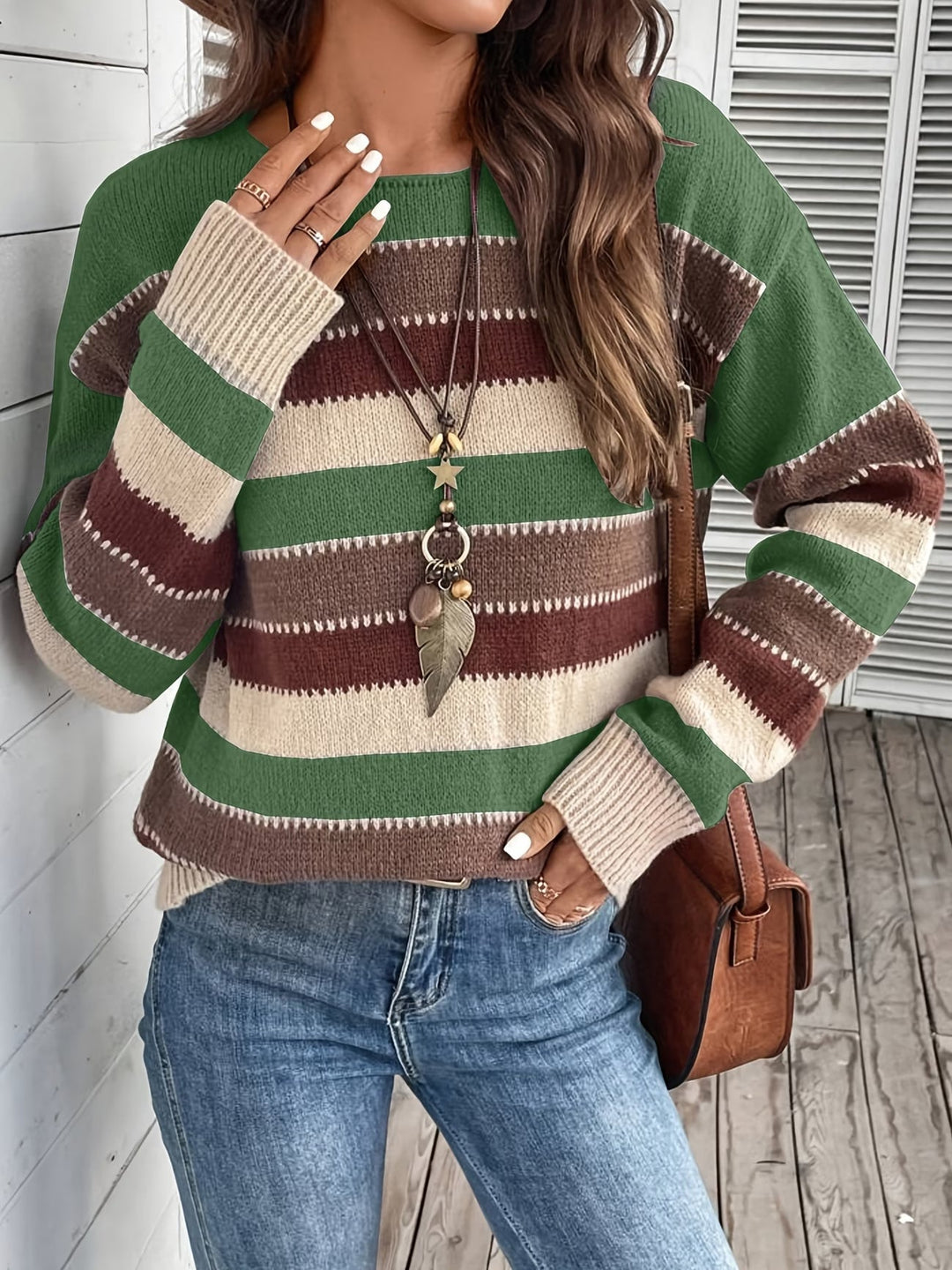 Women's Striped Knit Sweater with Round Neck