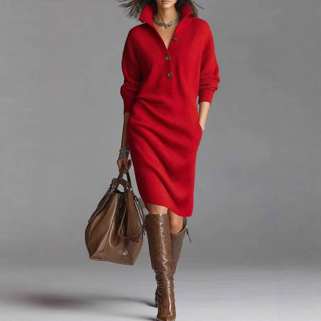 Women's Long Sleeve Knit Dress – High V-Neck with Buttons