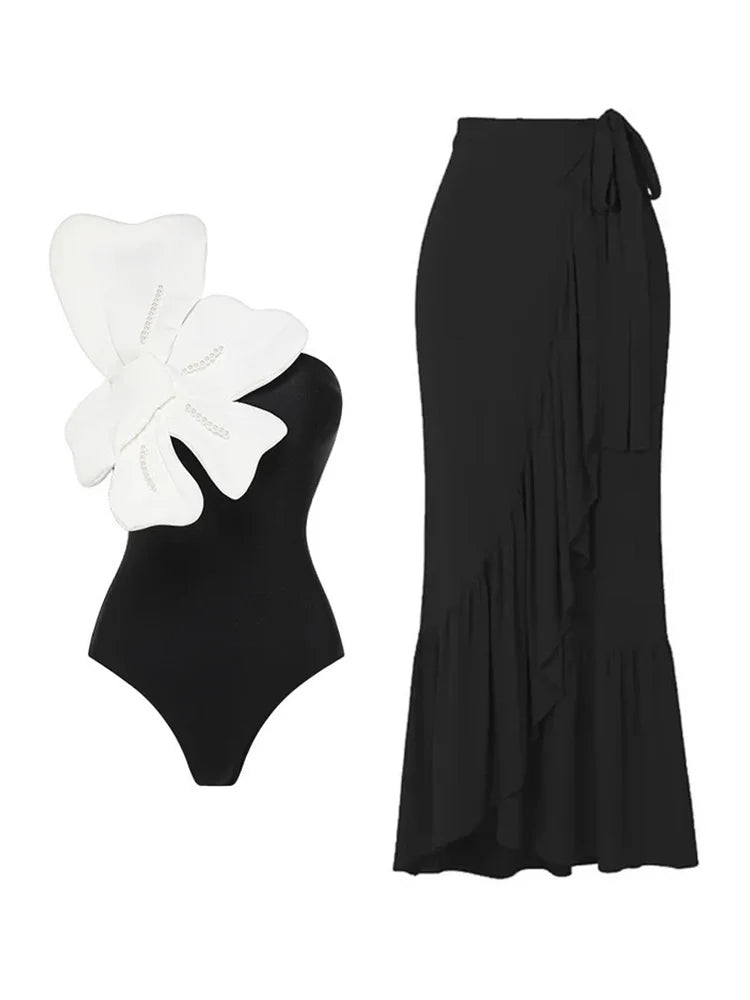Pearl Flower Embellished Swimsuit Set