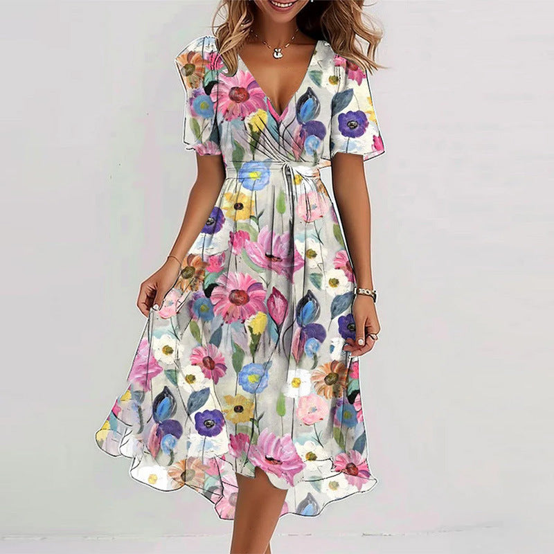 Women's Midi Floral Wrap Dress – A-Line Style with Short Sleeves