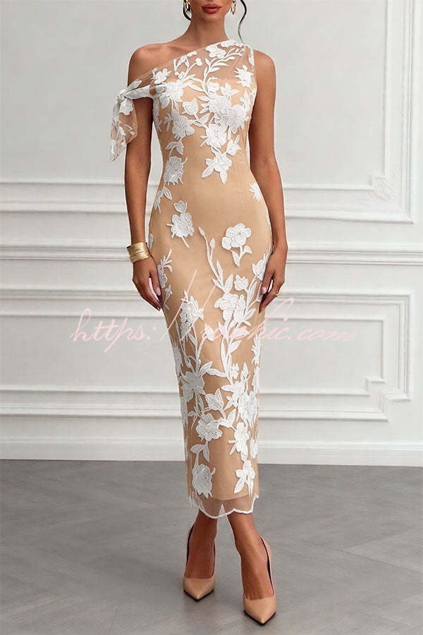 Kylen Floral Embroidery Bow Lace One Shoulder Sleeveless Sheath Maxi Dress