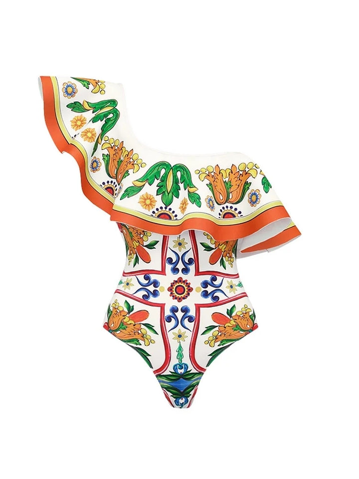One Shoulder Enamel Print Swimsuit Set, view 7 - Elena Harper
