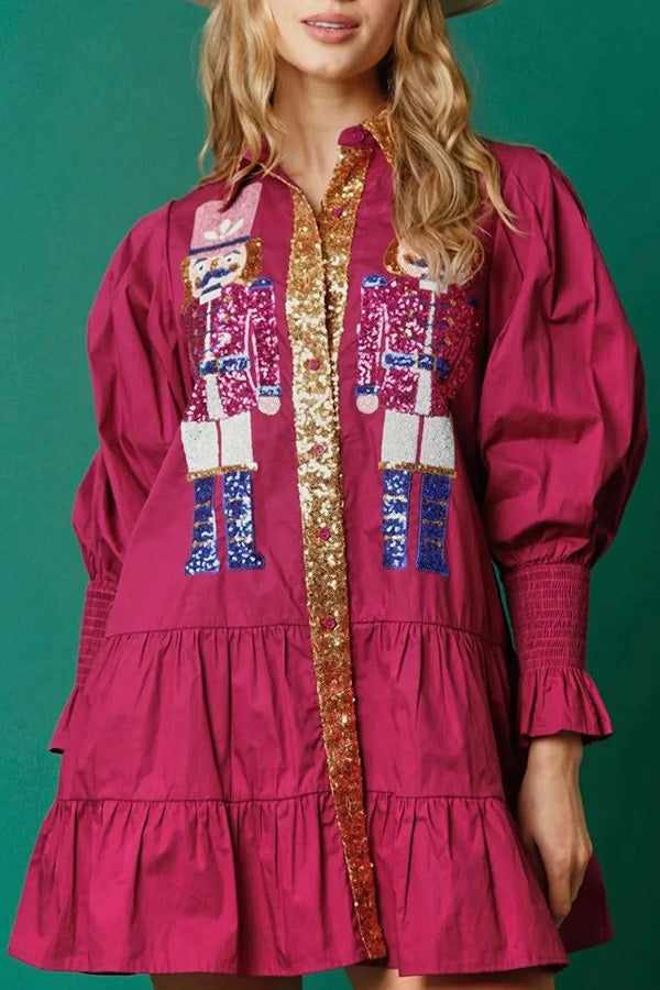 Nutcracker Sequined Button Down Long Sleeve Mini Dress