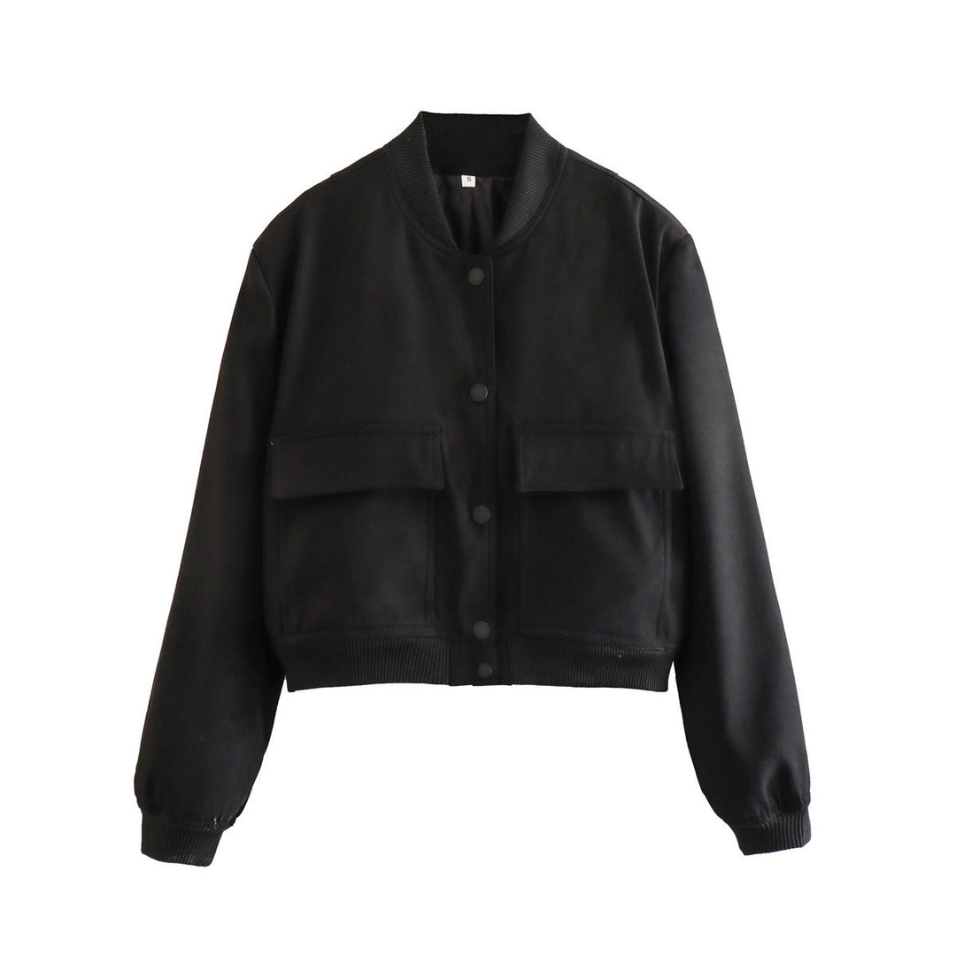 Women's Autumn Bomber Jacket with Front Pockets and Solid Color Design