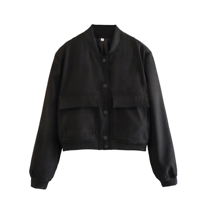 Women's Autumn Bomber Jacket with Front Pockets and Solid Color Design