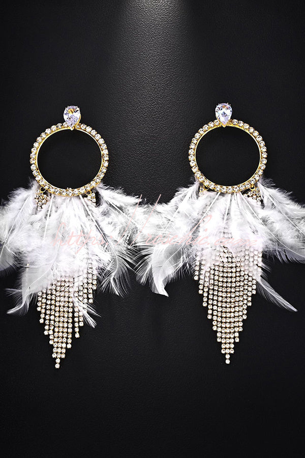Rhinestone and Feather Tassel Earrings
