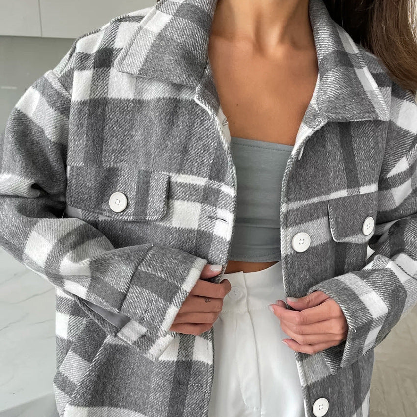 Women's Checkered Coat with Wide Tie Collar - Chic and Warm