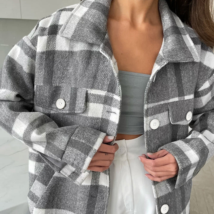 Women's Checkered Coat with Wide Tie Collar - Chic and Warm