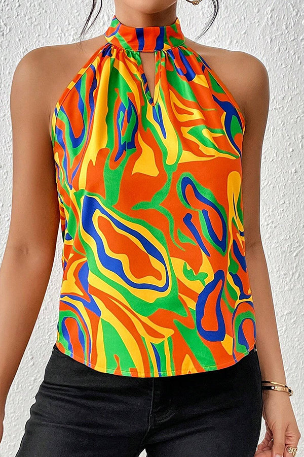 Unique Print Sleeveless Round Neck Loose Top