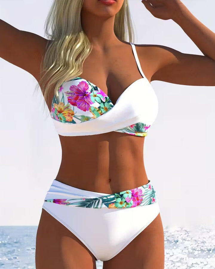 Women’s Floral Contrast Bikini with Elegant Thin Straps