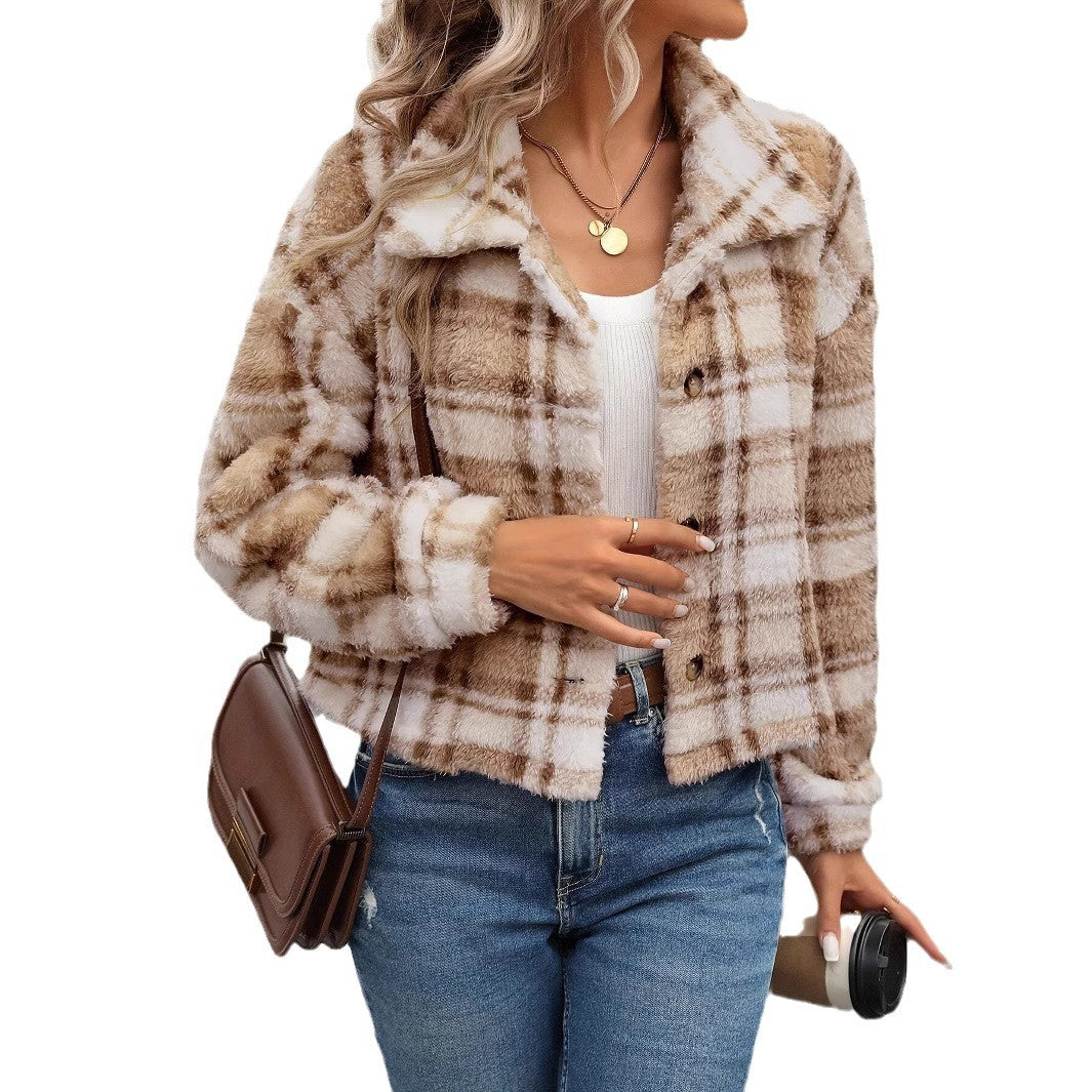 Women's Plaid Plush Jacket - Soft and Casual